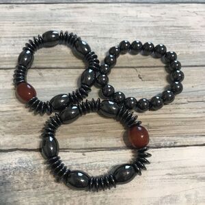 Hematite Carnelian Beads Bracelet Healing‎ Magnetic stretch NWOT Lot of 3